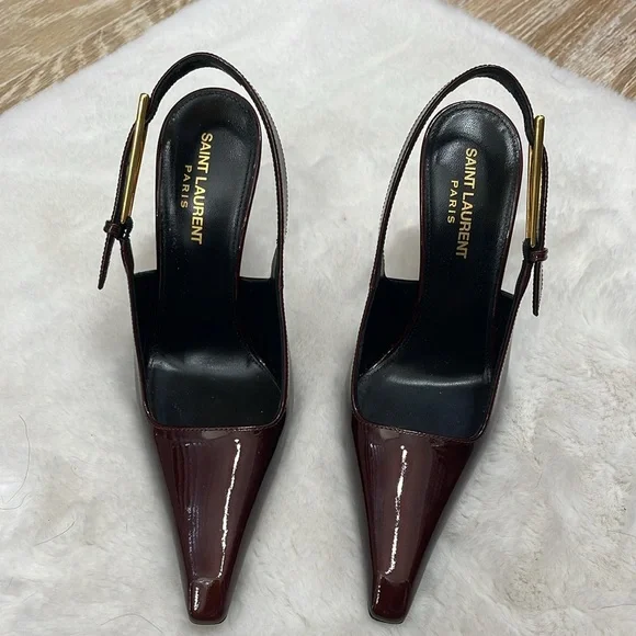 SAINT LAURENT Lee embellished patent-leather slingback pumps Color: Burgundy - Picture 6 of 13